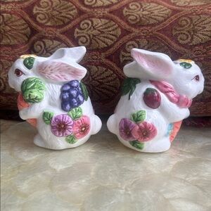 Pair Floral White Ceramic Bunny Taper candle holders